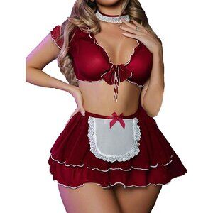 Elegant Plus Size Maid Lingerie Set - Burgundy Mesh Crop Top & Flirty Mini Skirt